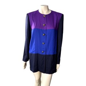 Vintage 90s Leslie Fay Colorblock Tunic Blouse Women 16 Purple Blue Gold Buttons